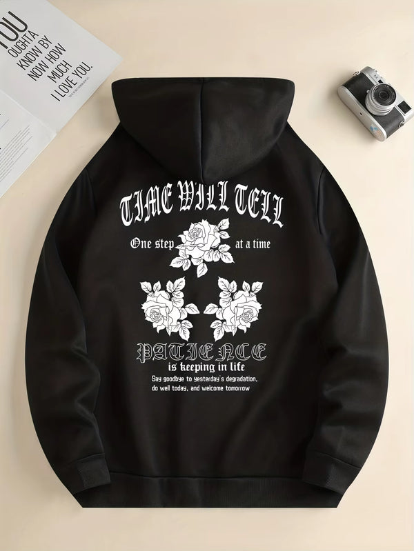 Men'S New Fashion Hoodie, Casual Drawstring Hooded Sweatshirt with Lettering and Floral Print, Men'S Tops