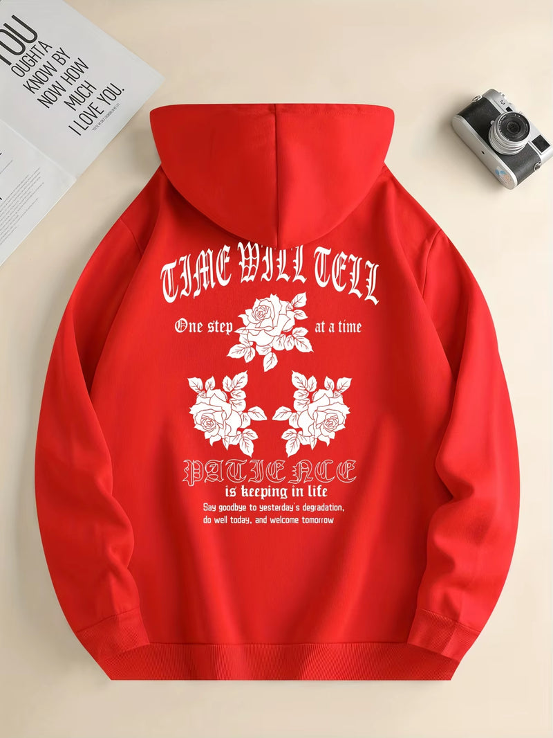 Men'S New Fashion Hoodie, Casual Drawstring Hooded Sweatshirt with Lettering and Floral Print, Men'S Tops